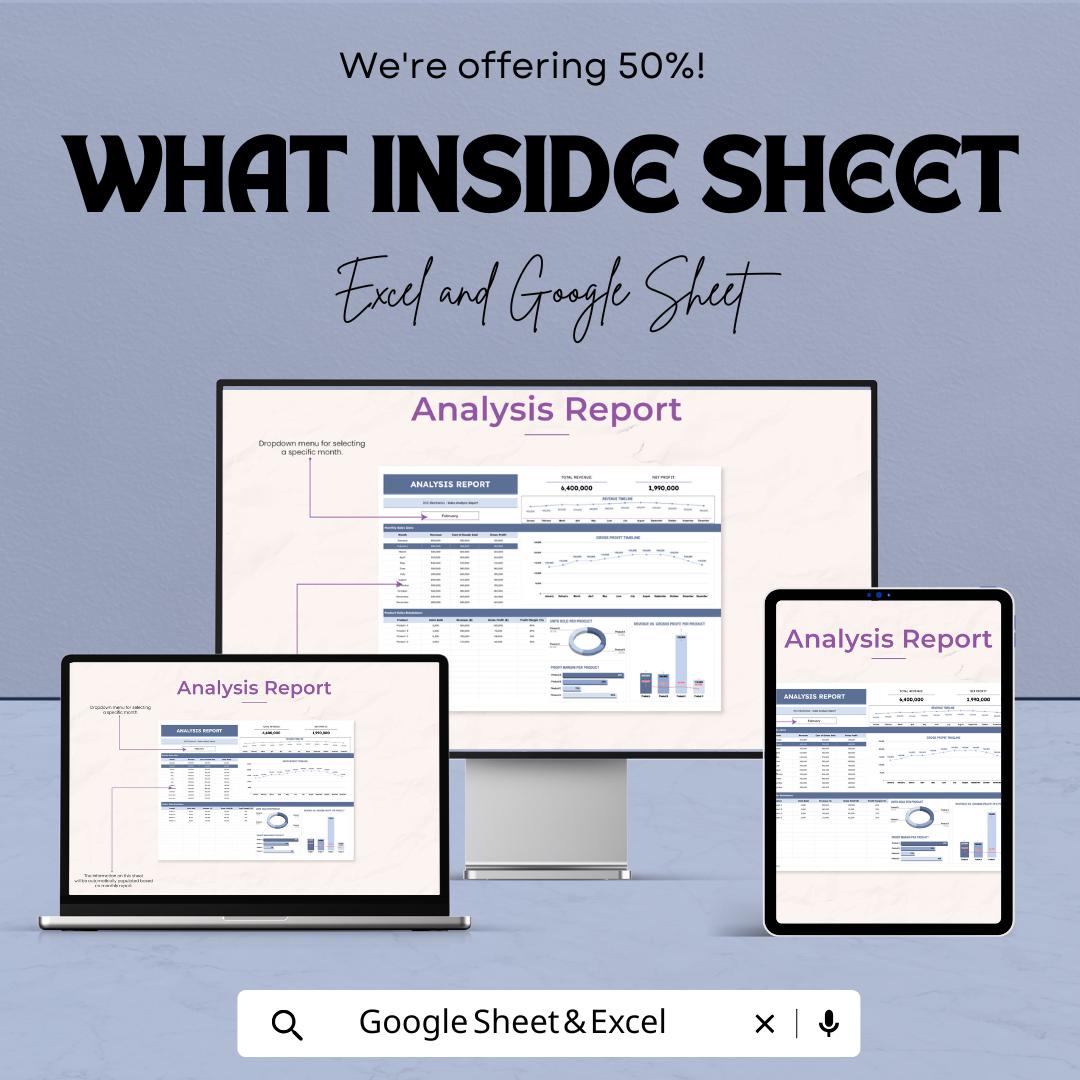 Analysis Report Template | Business Report Excel and Google Sheets | Financial Dashboard Spreadsheet | Data Analysis & Profit Tracker