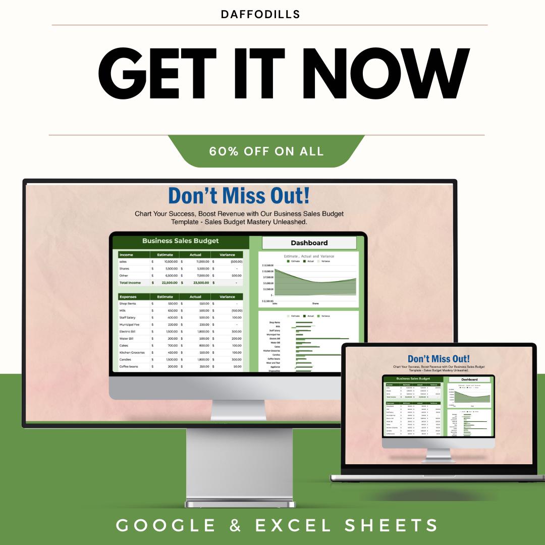 Business Sales Budget Template, Sales Budget Spreadsheet, Revenue and Expense Planner, Sales Performance Tracker, Google Sheets Excel