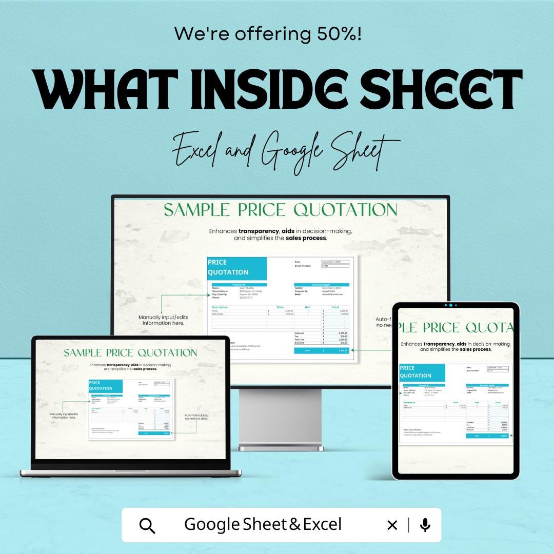 Sample Price Quotation Template | Excel & Google Sheets | Business Quote Sheet | Price Estimate Form | Editable Invoice Format