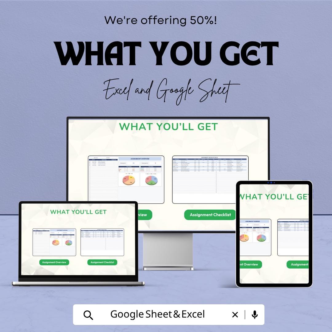 Assignment Checklist Template | Student Assignment Tracker | Homework Planner Spreadsheet | Excel & Google Sheets Checklist |