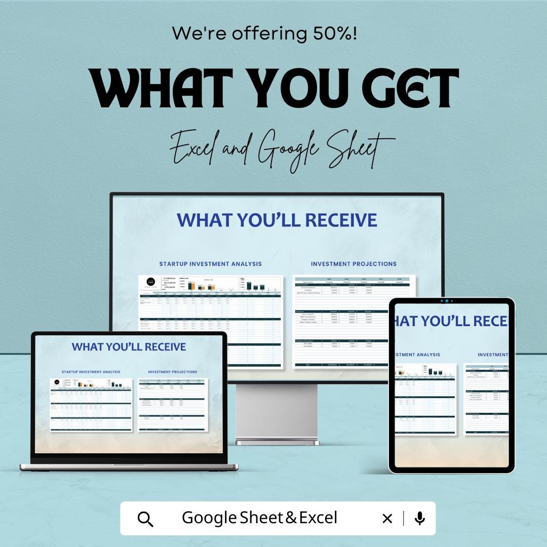 Startup Investment Analysis Template | Excel and Google Sheets | Investment Projection Spreadsheet | Startup Financial Model |
