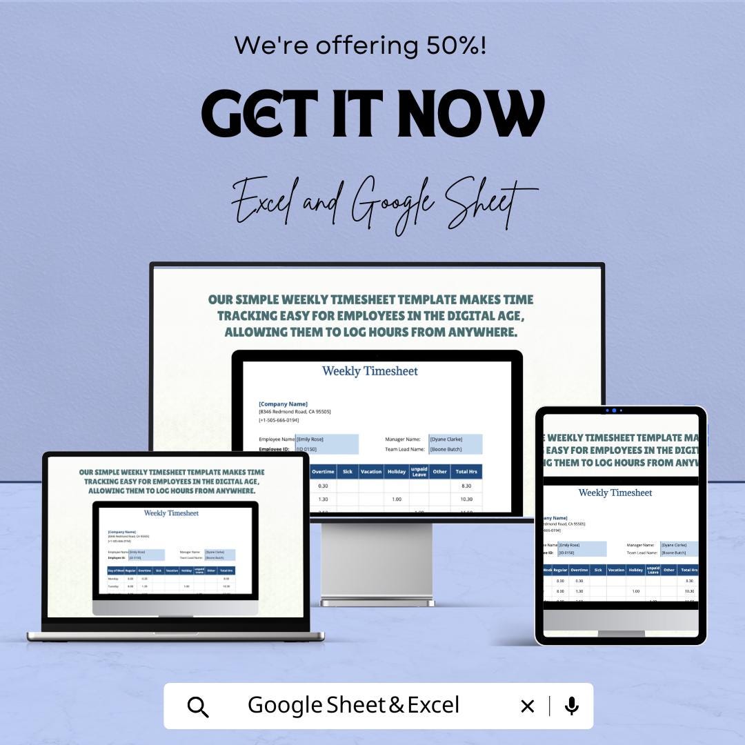 Simple Weekly Timesheet Template for Excel & Google Sheets | Track Work Hours | Instant Download | 50% Off