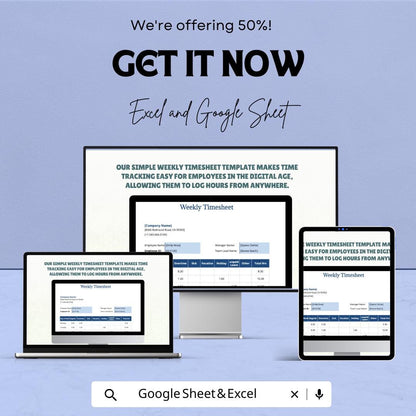 Simple Weekly Timesheet Template for Excel & Google Sheets | Track Work Hours | Instant Download | 50% Off