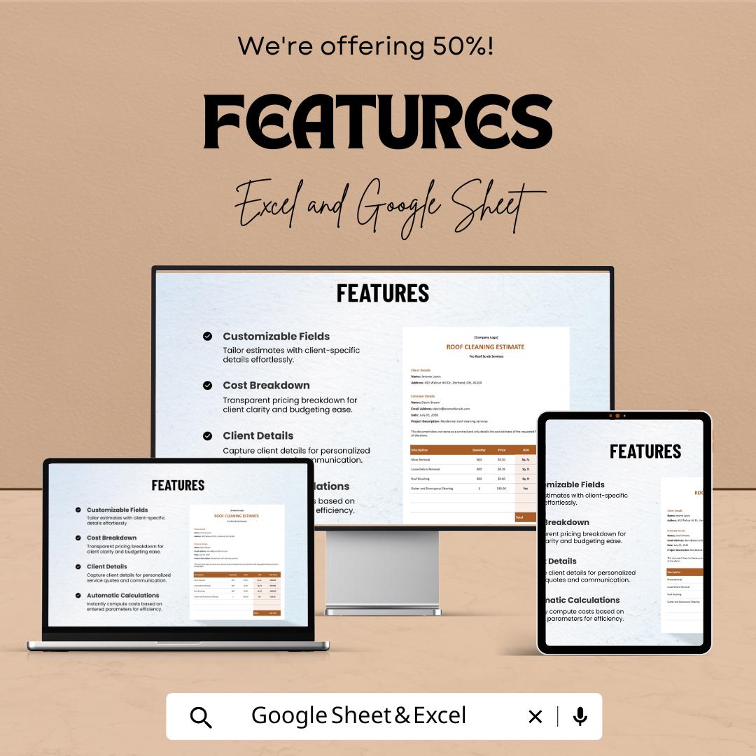 Roof Cleaning Service Estimate Sheet - Excel & Google Sheets Template for Roof Cleaning Quotes, Pricing Estimate Template