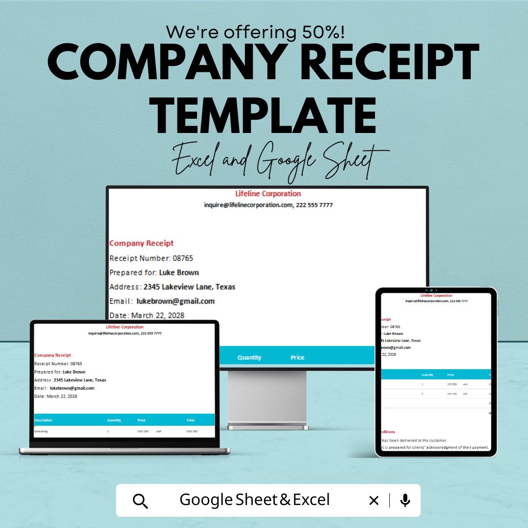 Company Receipt Template | Printable Receipt Form | Business Payment Receipt | Professional Receipt Template