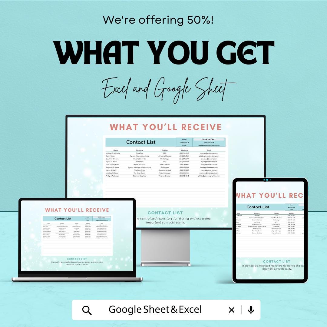 Contact List Template | Google Sheet & Excel Contact Management Sheet | Professional Contact List | Editable Contact Organizer