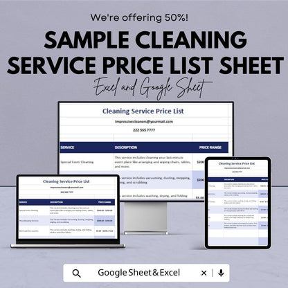 Sample Cleaning Service Price List Sheet - Excel & Google Sheets Template for Service Pricing and Estimates