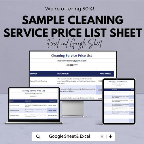 Sample Cleaning Service Price List Sheet - Excel & Google Sheets Template for Service Pricing and Estimates