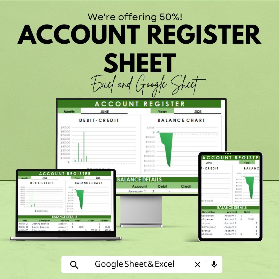 Account Register Sheet | Excel & Google Sheets Finance Tracker | Debit Credit Log | Balance Chart Template | Digital Ledger