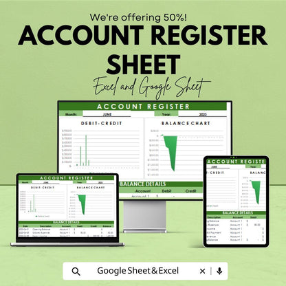 Account Register Sheet | Excel & Google Sheets Finance Tracker | Debit Credit Log | Balance Chart Template | Digital Ledger