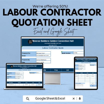 Labour Contractor Quotation Sheet | Editable Excel & Google Sheets | Construction Estimate Template | Contractor Invoice | Instant Download