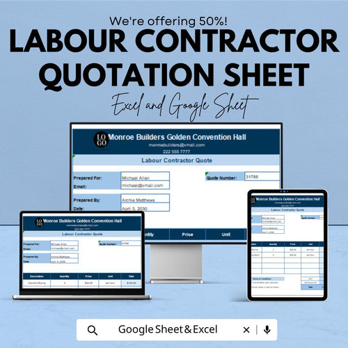Labour Contractor Quotation Sheet | Editable Excel & Google Sheets | Construction Estimate Template | Contractor Invoice | Instant Download