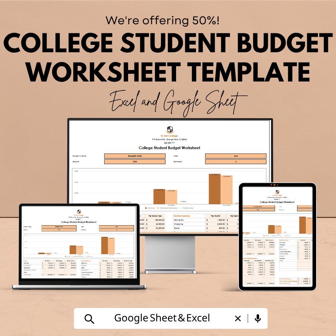 College Student Budget Template | Student Budget Planner | Monthly Budget Worksheet | Expense Tracker | Finance Planner