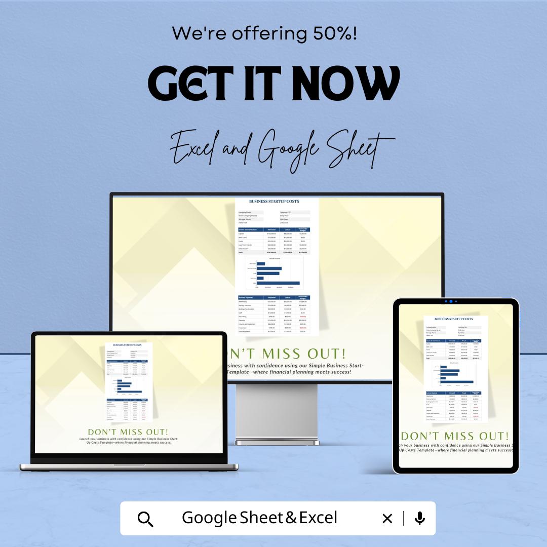 Simple Business Startup Costs Template - Excel & Google Sheets, Budget Planner for New Business, Cost Breakdown Tracker