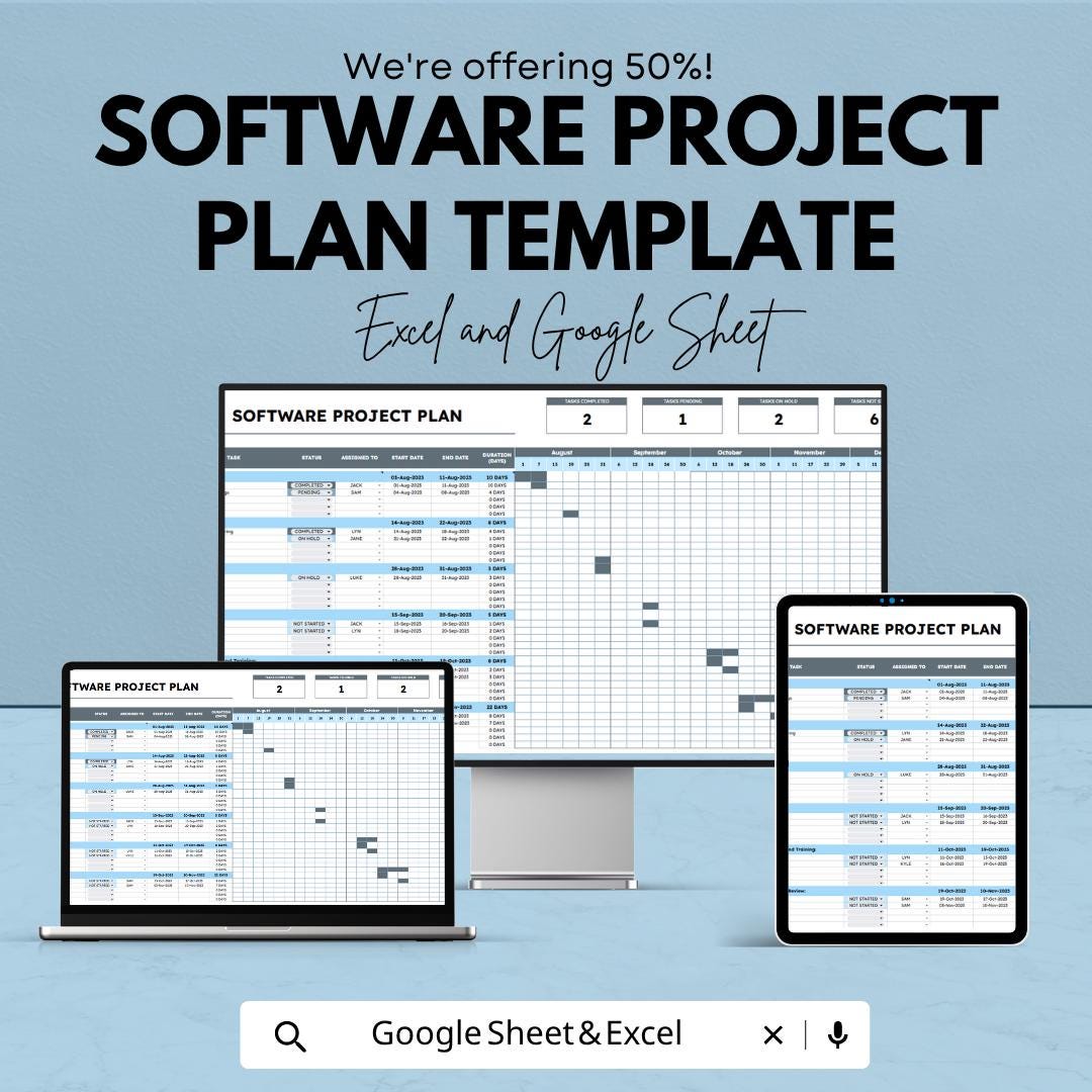 Software Project Plan Template | Project Management Spreadsheet | Gantt Chart Planner | Excel & Google Sheets | Task Tracker Dashboard