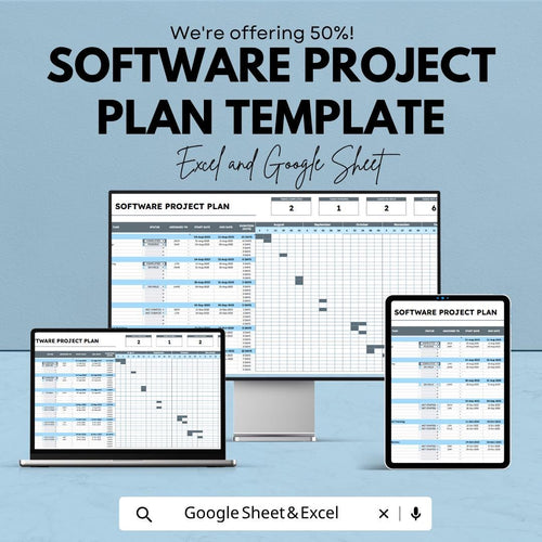 Software Project Plan Template | Project Management Spreadsheet | Gantt Chart Planner | Excel & Google Sheets | Task Tracker Dashboard