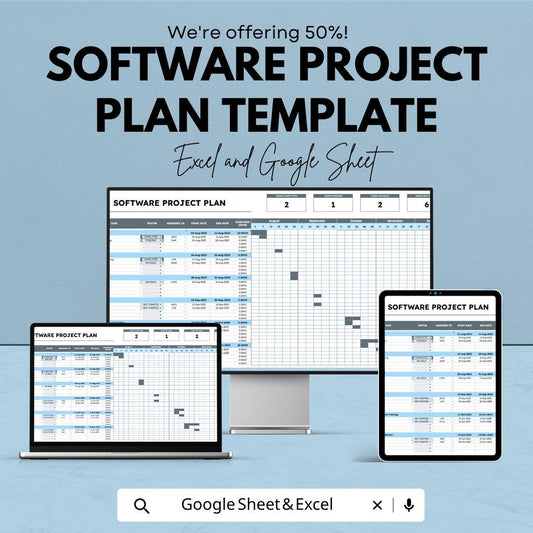 Software Project Plan Template | Project Management Spreadsheet | Gantt Chart Planner | Excel & Google Sheets | Task Tracker Dashboard
