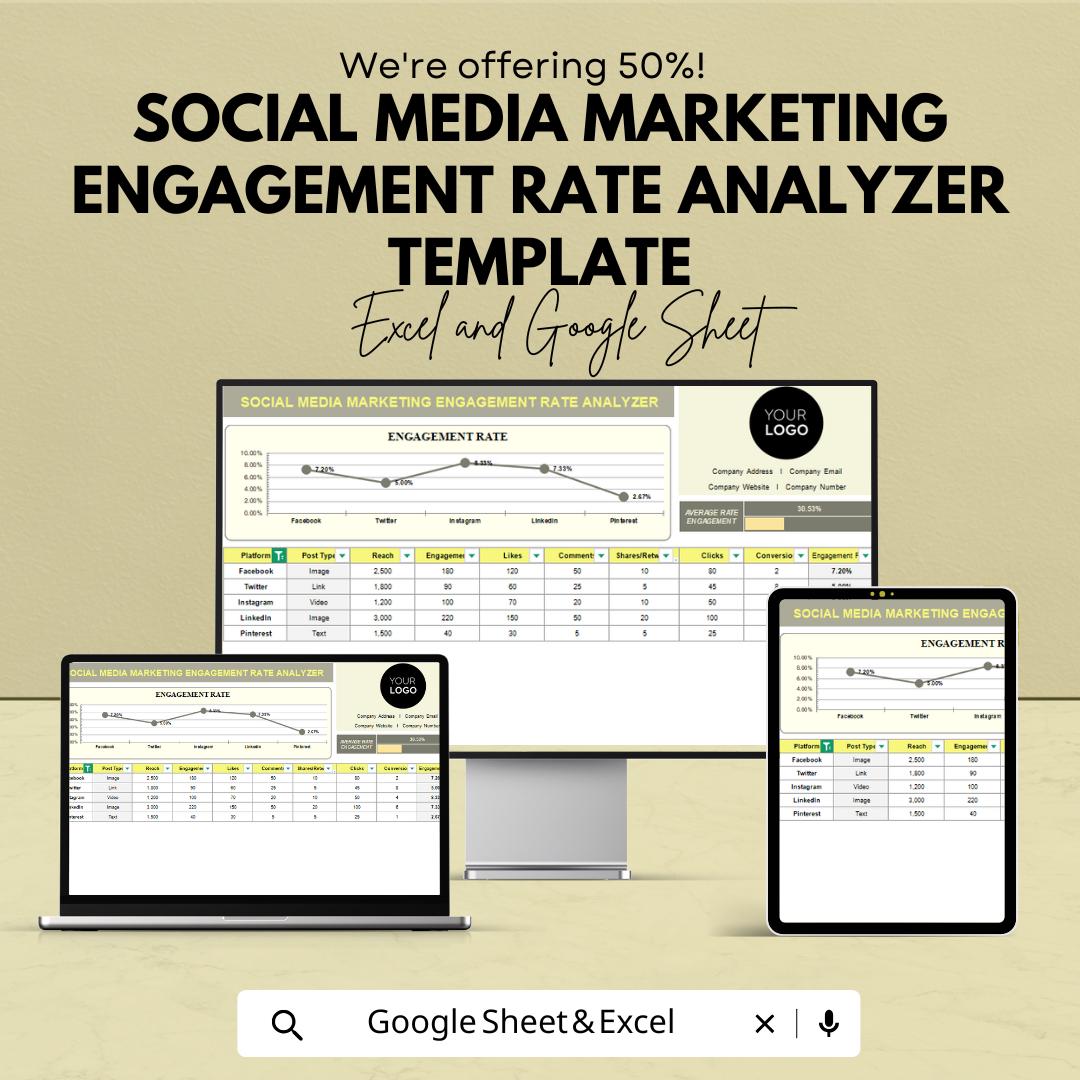 Social Media Engagement Rate Analyzer Template | Social Media Analytics Tracker | Engagement Rate Calculator | Marketing Report Template