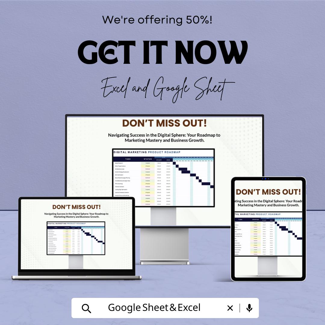 Digital Marketing Product Roadmap Template | Marketing Project Planner Spreadsheet |  Marketing Roadmap | Campaign Timeline Tracker