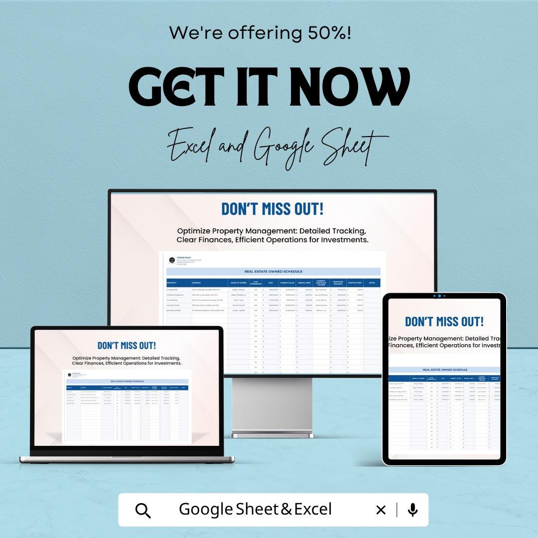 Real Estate Owned Schedule Template | Rental Property Tracker | Property Management Spreadsheet | Excel Google Sheets | Investment Tracker