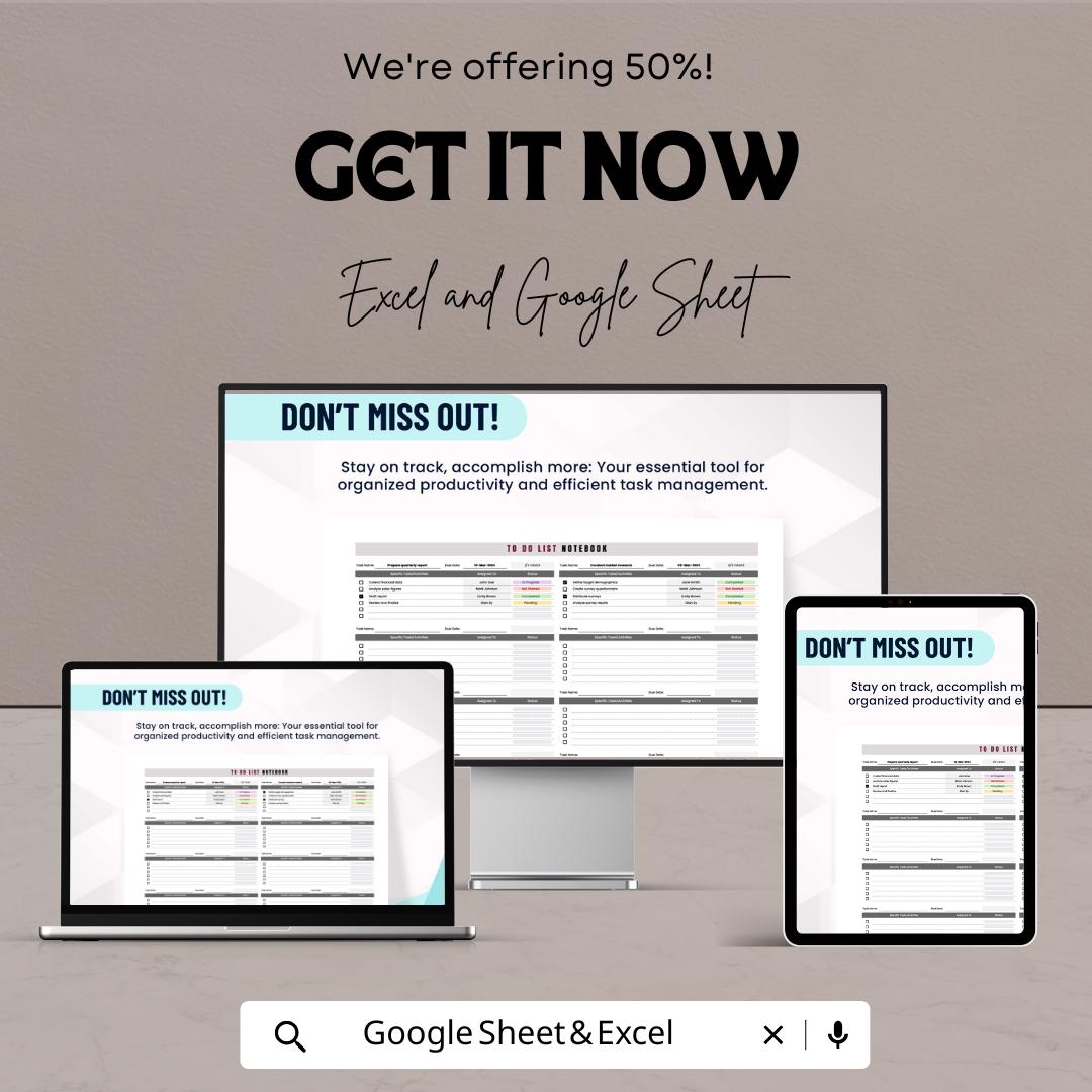 To Do List Notebook Sheet for Excel and Google Sheets – Task Manager, Checklist Tracker, Productivity Planner