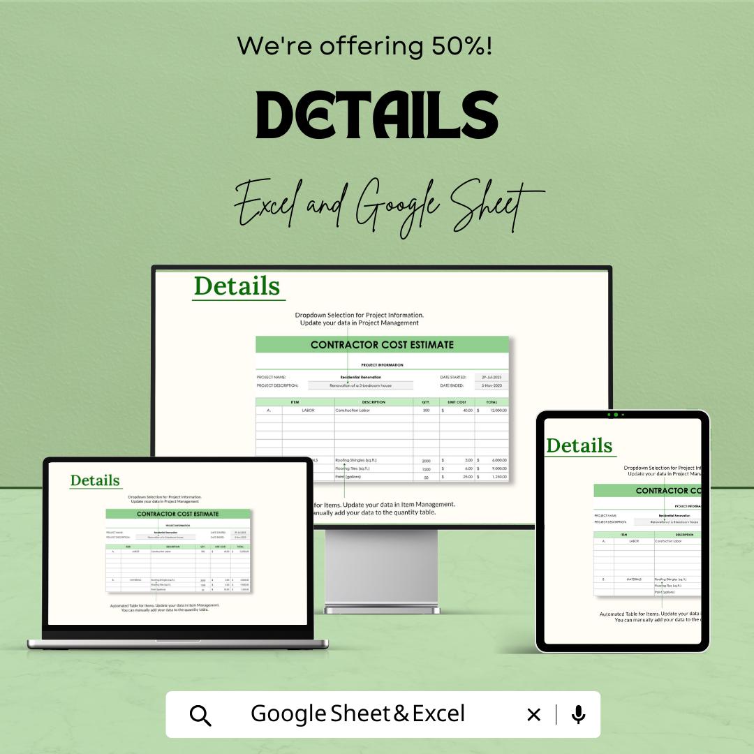 Contractor Cost Estimate Template | Construction Cost Estimator | Project Budget Spreadsheet | Excel & Google Sheets