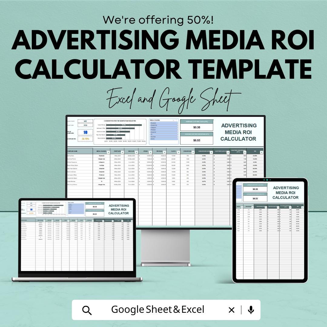 Advertising Media ROI Calculator Template | Excel & Google Sheets | Marketing ROI Calculator | Ad Performance Analysis Worksheet |