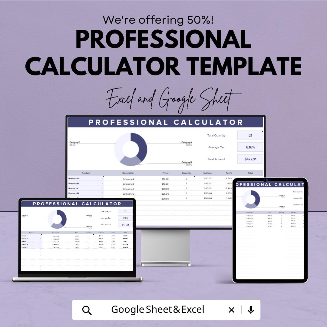 Professional Calculator Template | Business Calculator Spreadsheet | Sales Tracker with Charts | Expense & Tax Calculator