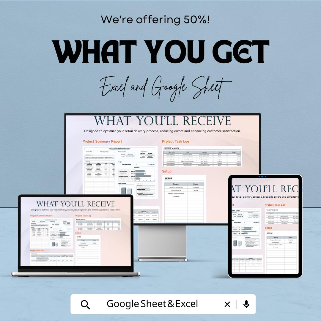 Project Summary Report Template | Project Status Overview | Task & Budget Report | Excel and Google Sheets | Project Management Dashboard