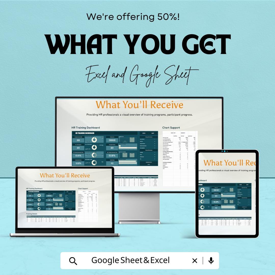HR Training Dashboard Sheet | Employee Training Metrics | Google Sheet and Excel Template | Track Training Effectiveness & Employee Progress