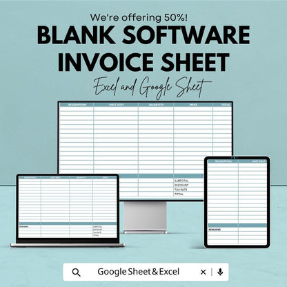 Blank Software Invoice Template - Customizable Excel & Google Sheets - Easy-to-Use for Software Companies