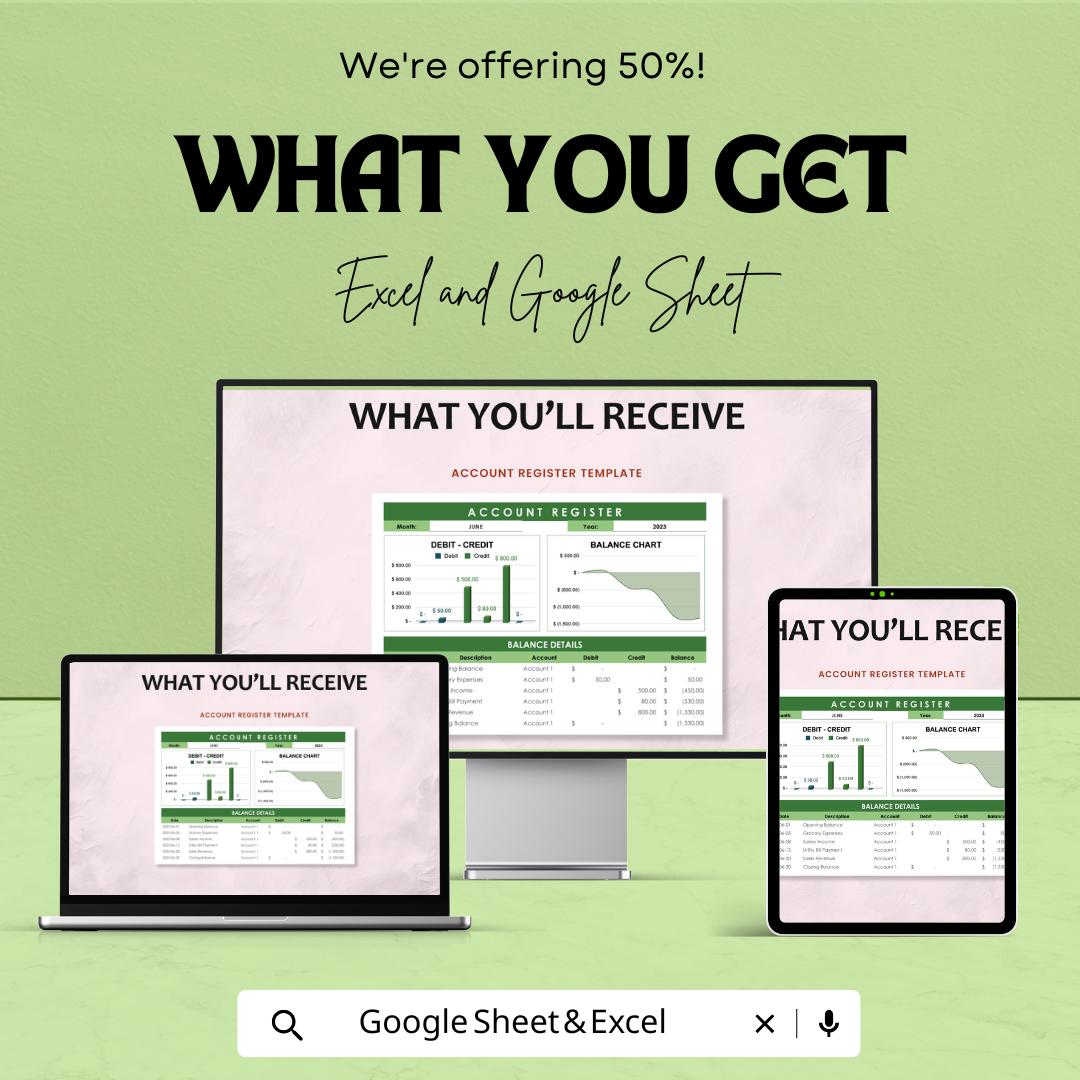 Account Register Sheet | Excel & Google Sheets Finance Tracker | Debit Credit Log | Balance Chart Template | Digital Ledger