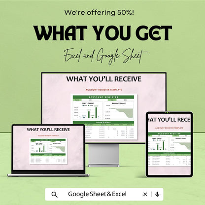 Account Register Sheet | Excel & Google Sheets Finance Tracker | Debit Credit Log | Balance Chart Template | Digital Ledger