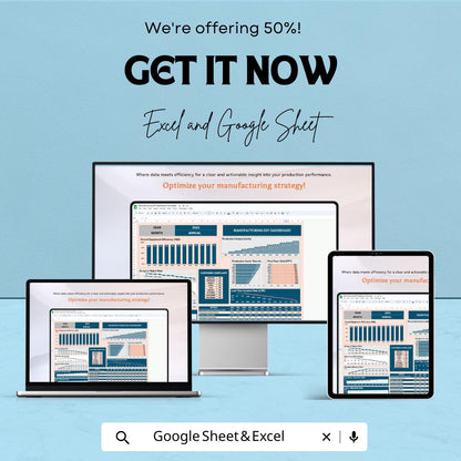 Manufacturing KPI Dashboard Excel and Google Sheet | Production Efficiency, Downtime Tracking, & Customer Complaints | Customizable Template