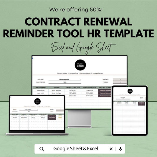 Contract Renewal Reminder Tool HR Template , Employee Contract Tracker, HR Contract Management Spreadsheet, Staff Renewal Tracker