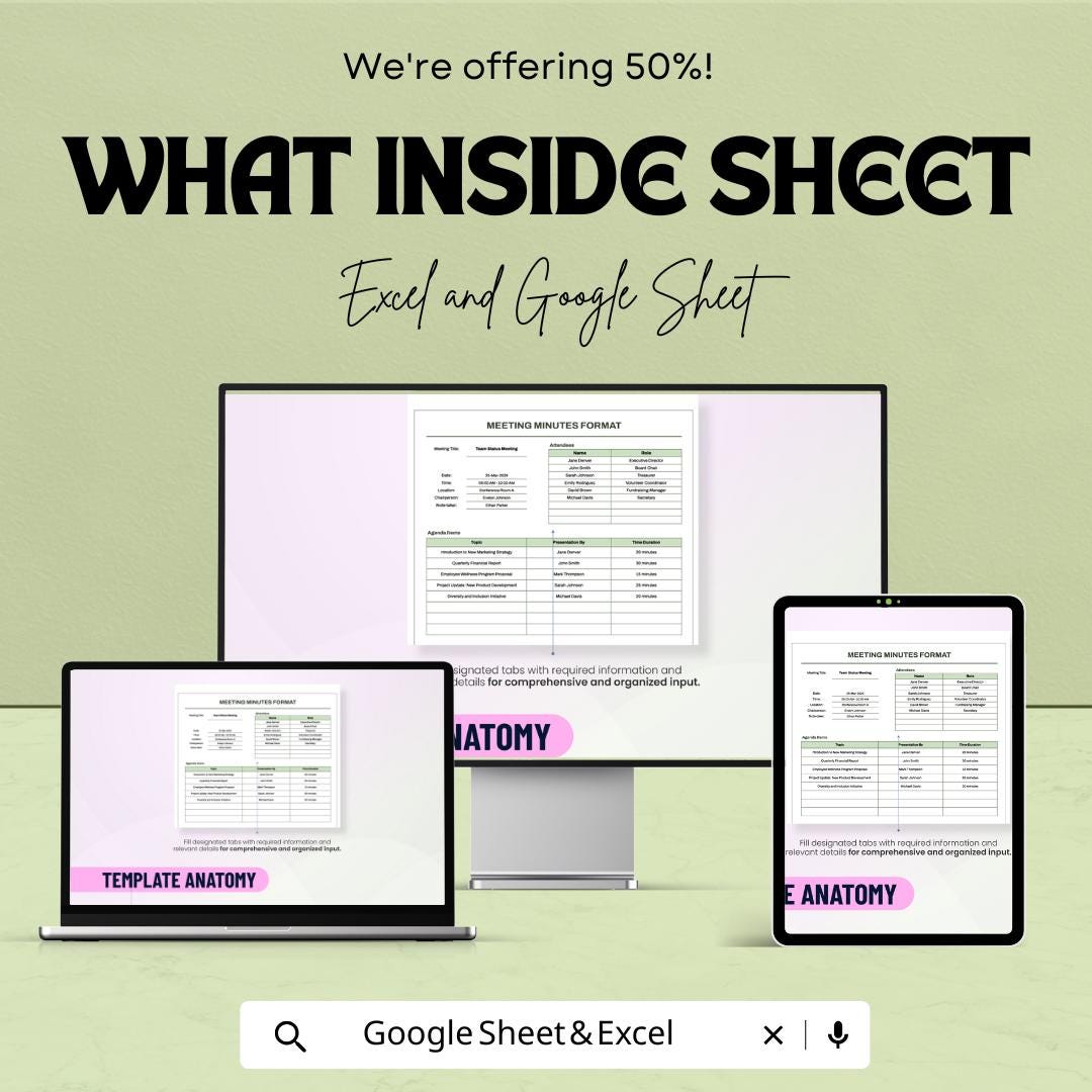Meeting Minutes Template – Editable Excel & Google Sheet | Professional Meeting Documentation Format | Instant Download