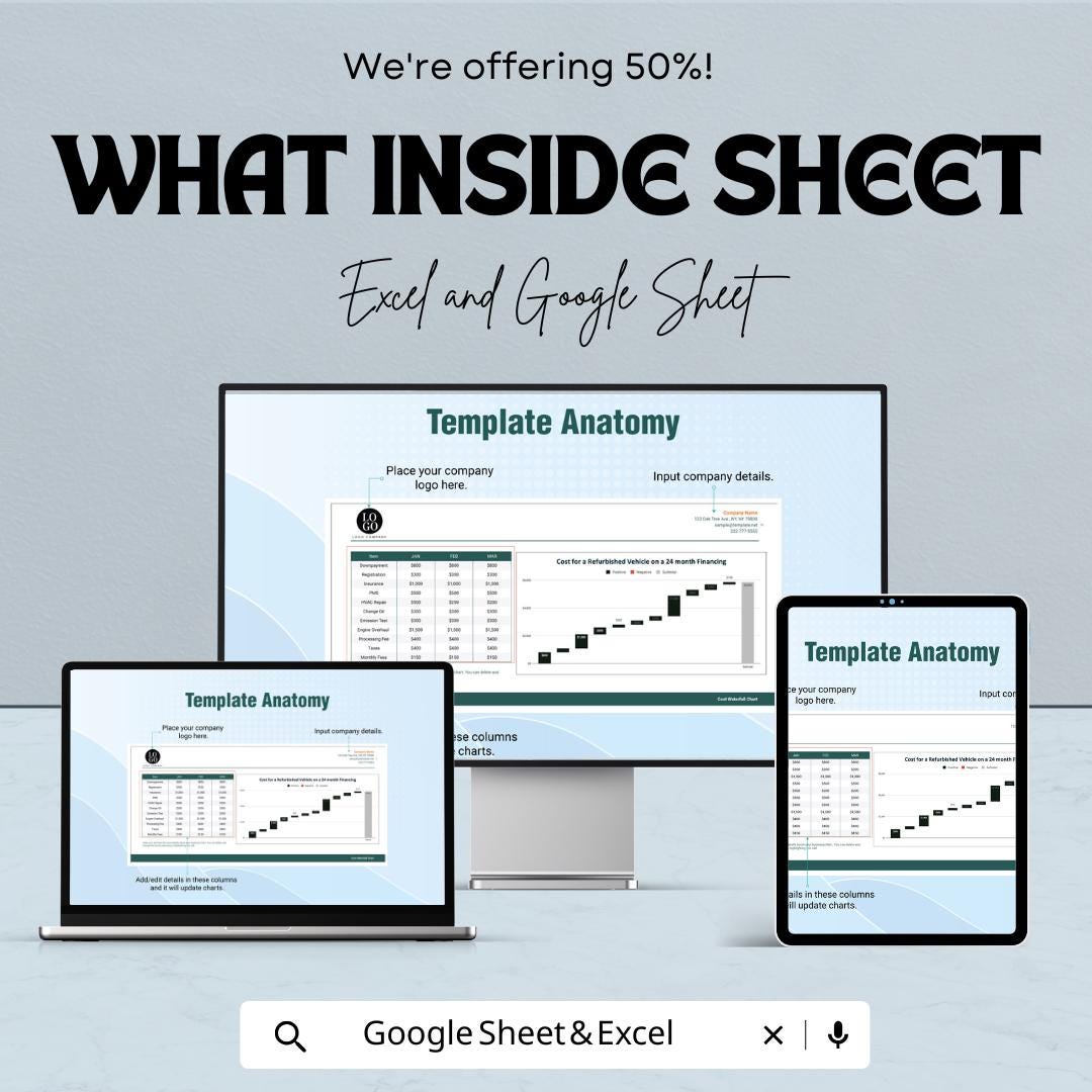 Cost Waterfall Chart Sheet | Excel & Google Sheet | Visualize Your Costs Across Multiple Stages | 50% Off | Instant Download