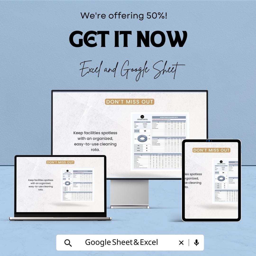 Cleaning Rota Template | Cleaning Schedule Spreadsheet | Staff Cleaning Checklist | Excel & Google Sheets Cleaning Planner