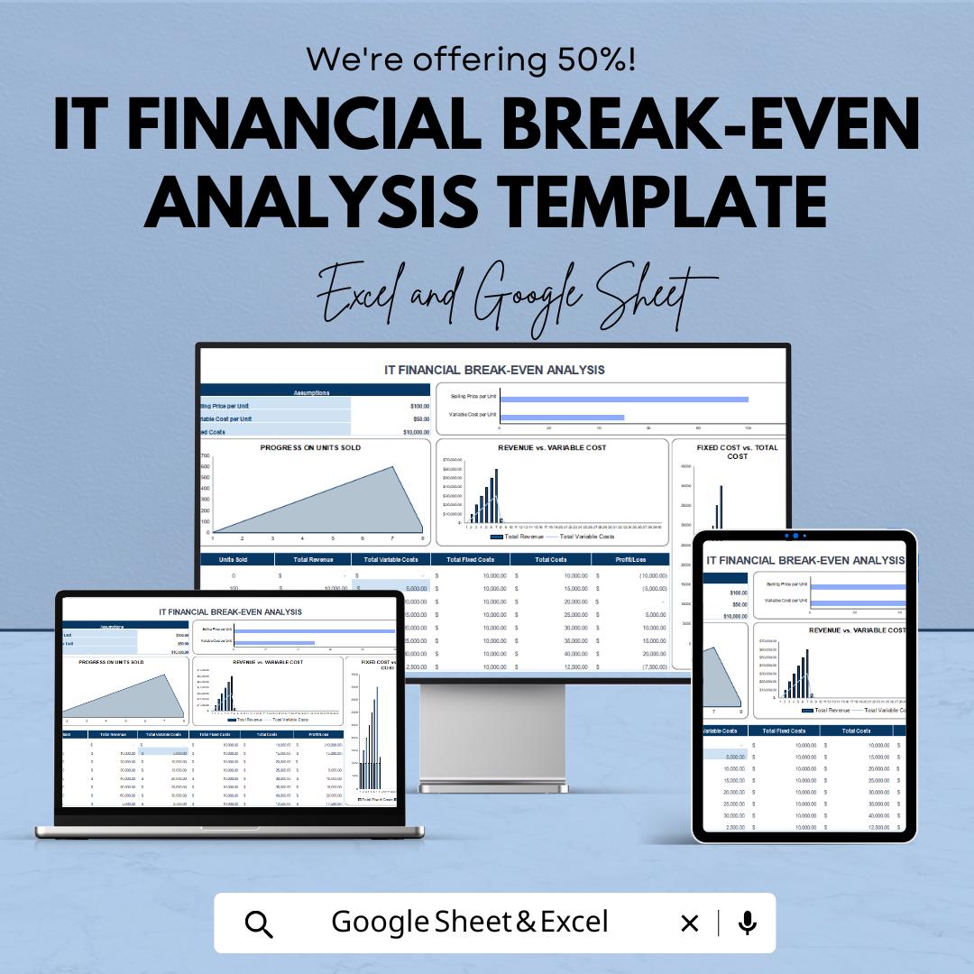 IT Financial Break-Even Analysis Template | Excel & Google Sheets | Cost Revenue Profit Analysis | Business Finance Dashboard