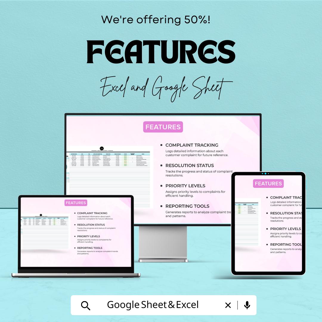 Startup Customer Complaints Log Sheet | Excel & Google Sheets | Complaint Tracker | Customer Service Template | Business CRM Tool