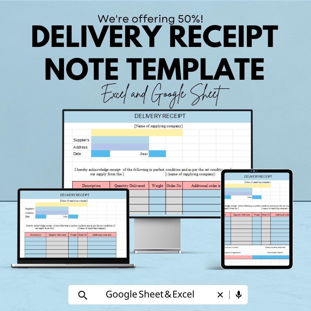 Delivery Receipt Note Template | Excel & Google Sheets | Editable Delivery Form | Goods Received Note | Shipment Record Template