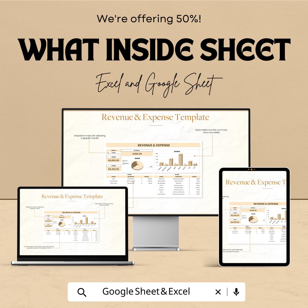 Revenue & Expense Template | Monthly Income Expense Tracker | Budget Dashboard | Excel and Google Sheets