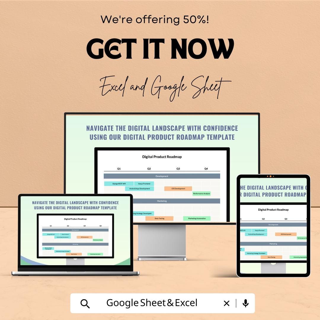 Digital Product Roadmap Sheet | Excel and Google Sheet | Roadmap Template for Digital Product Development | Project Timeline Planner