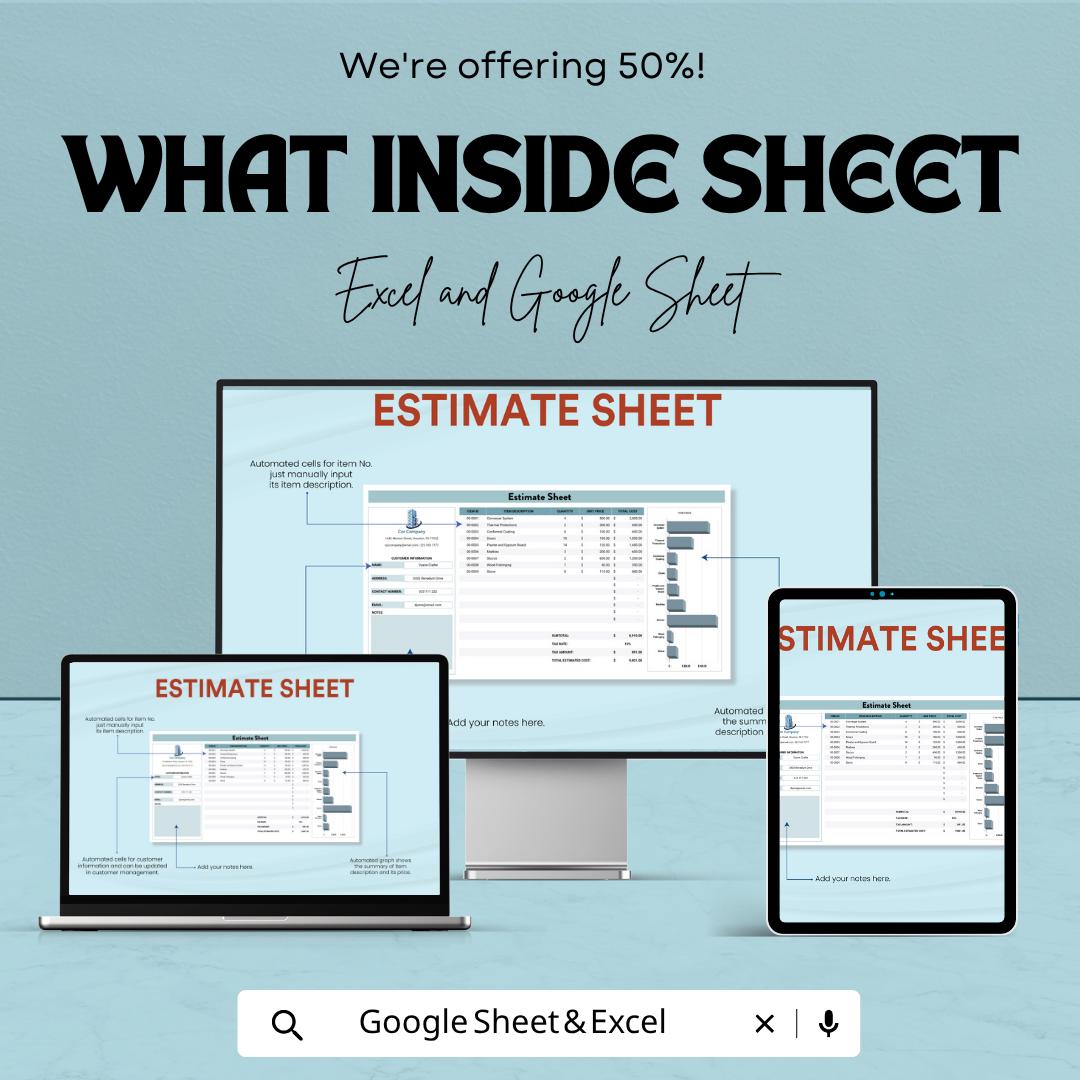 Estimate Sheet Template Excel | Cost Estimate Spreadsheet | Project Budget Planner | Contractor Estimate Template | Google Sheets Estimate