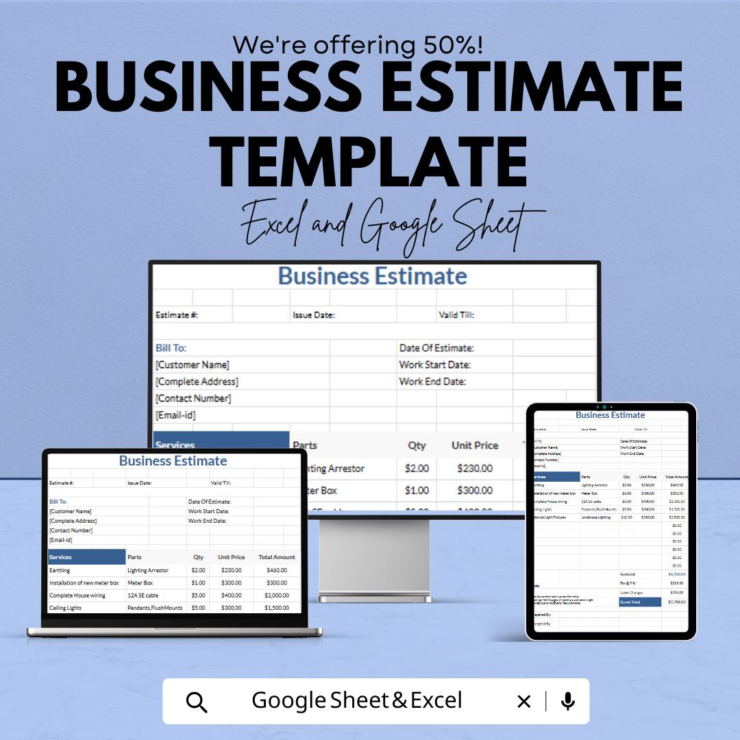 Business Estimate Template | Service Quote Form | Work Order Pricing Sheet | Editable Cost Estimate Document