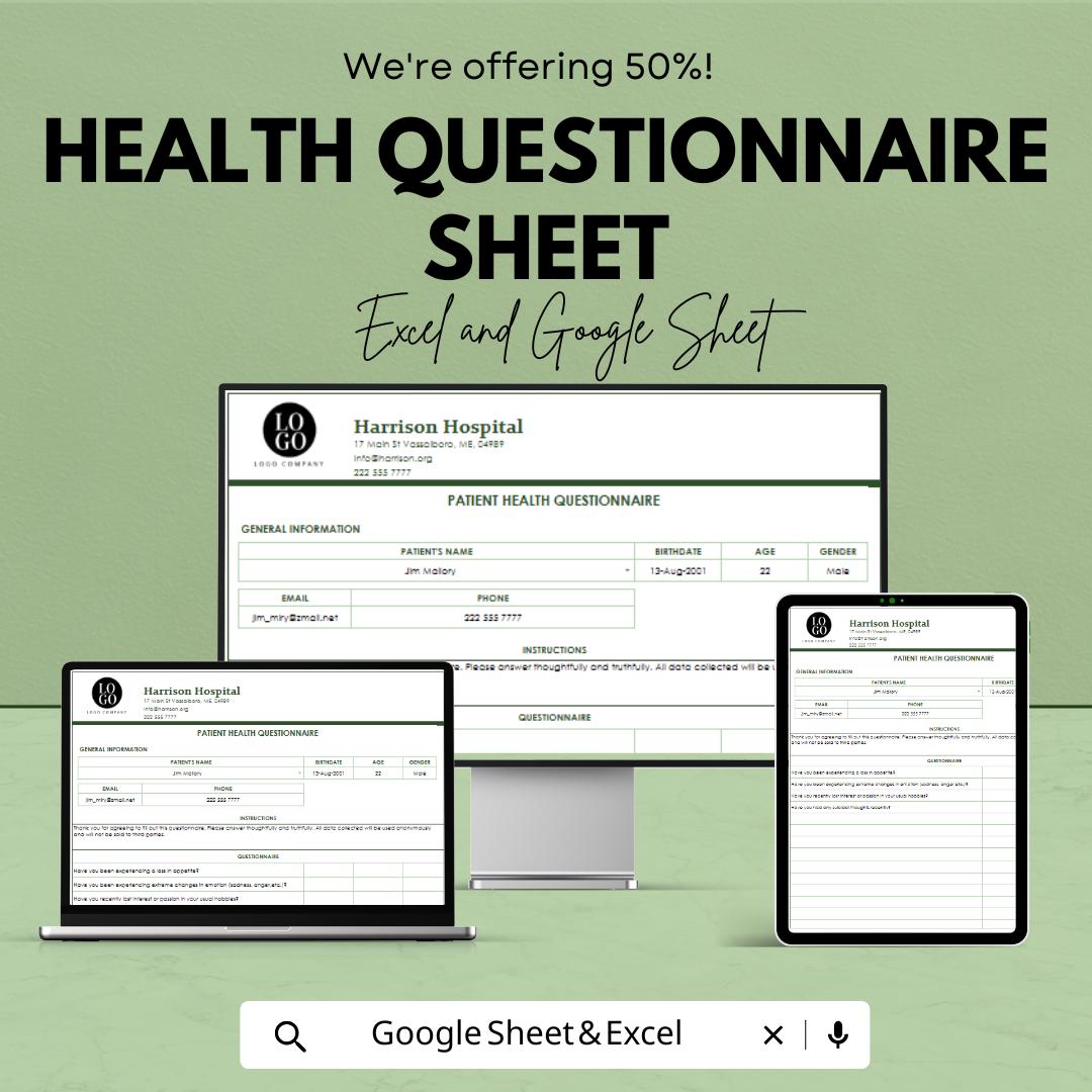 Health Questionnaire Template - Editable Excel & Google Sheets - Patient Information, Medical Form, Health Survey