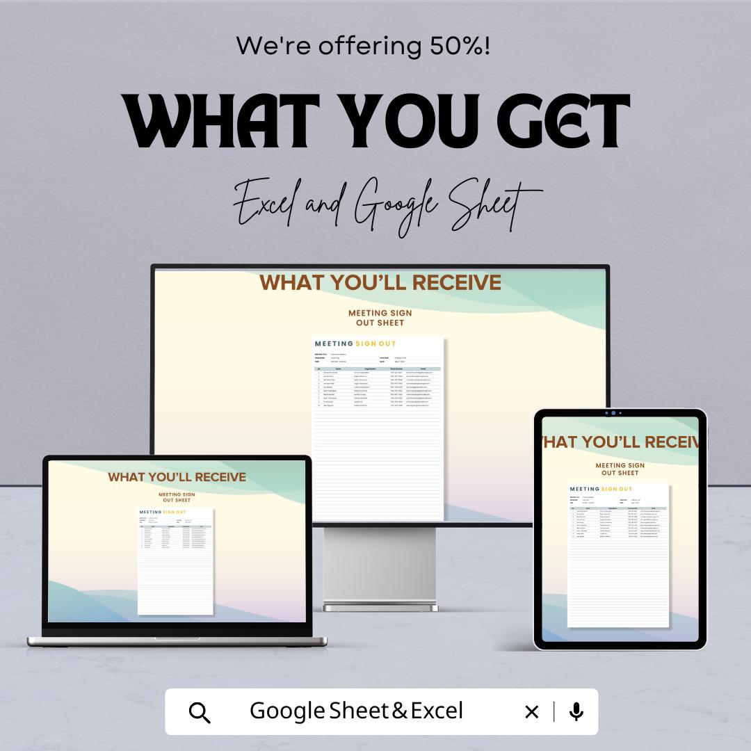 Meeting Sign Out Sheet Template | Attendance Sign Out Log | Printable Meeting Register | Excel and Google Sheets Editable