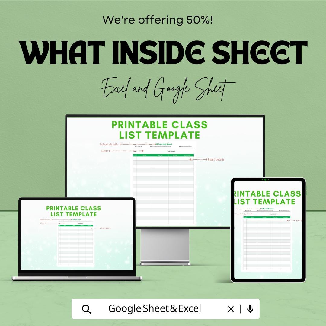 Printable Class List Sheet | Editable Excel & Google Sheets Template | Customizable Student List for Teachers | Instant Download