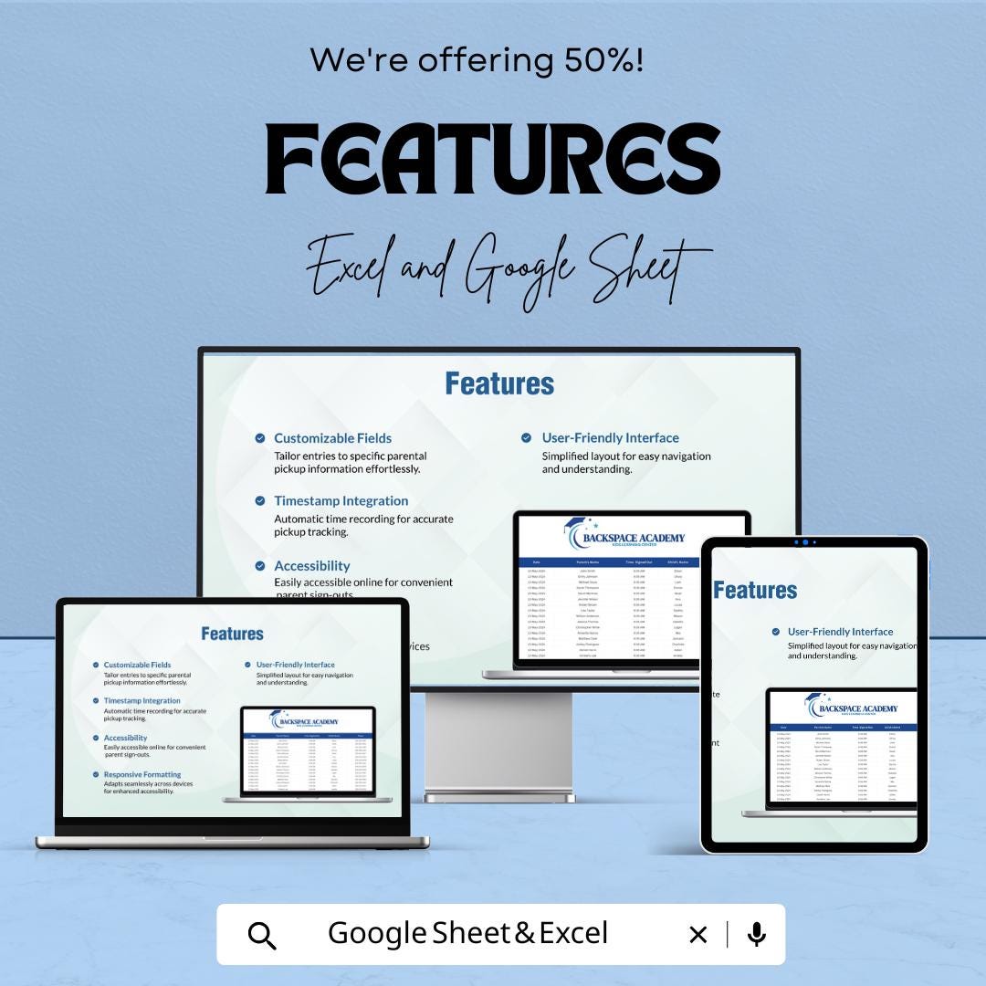 Parent Sign Out Sheet – Excel and Google Sheet Template | Track Parent Pickups & Child Sign Outs | 50% Off