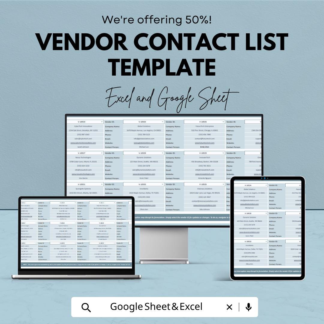 Vendor Contact List Template | Supplier Database Spreadsheet | Vendor Management Tracker | Excel & Google Sheets | Business Contact